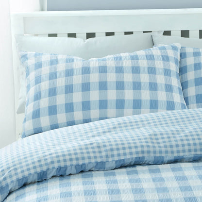 Seersucker Gingham Check Blue Duvet Cover Set