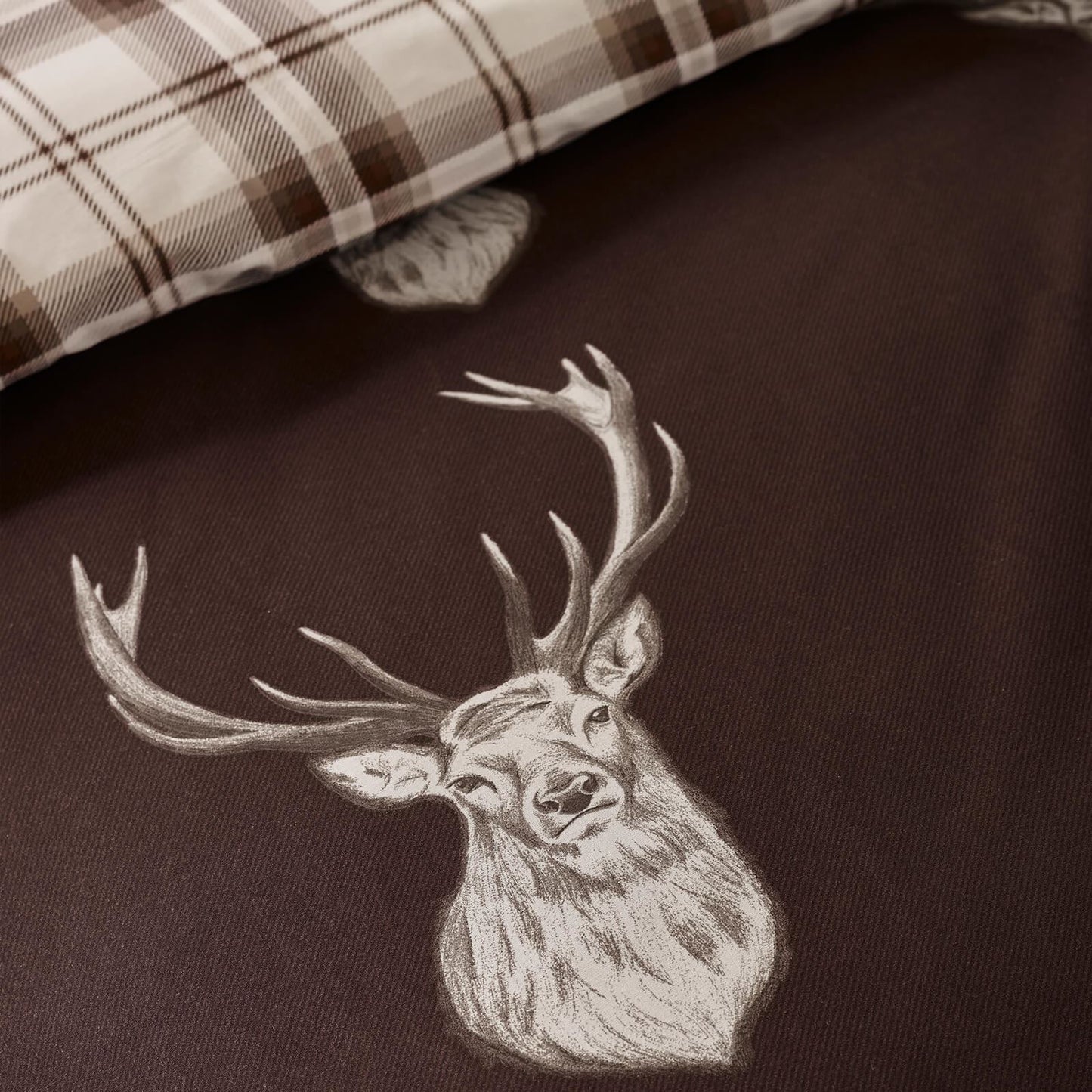 Catherine Lansfield Stag Checked Reversible Bedding Duvet Cover Set Chocolate