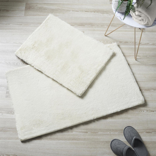 Faux Rabbit Fur Ivory Bath Mat Pair