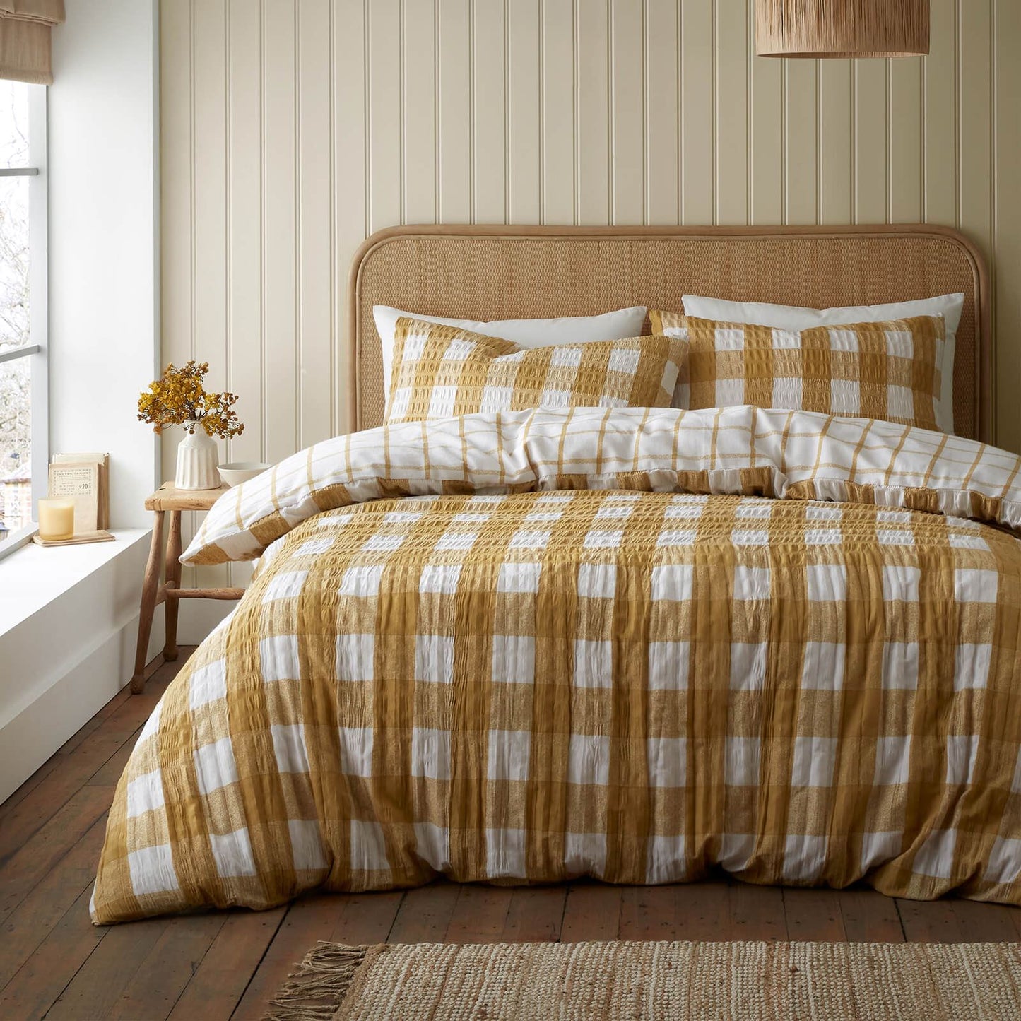 Brushed Seersucker Gingham Caramel Duvet Cover Set