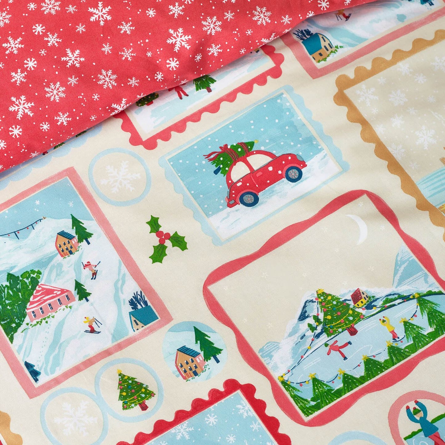 Catherine Lansfield Christmas Town Stamps Reversible Bedding Duvet Cover Set Natural