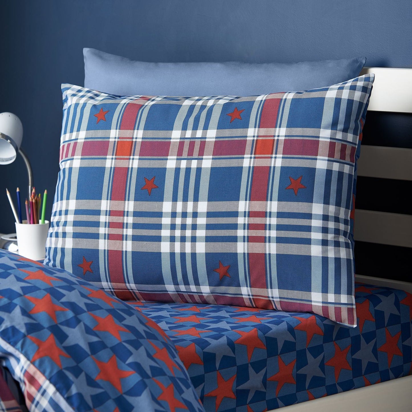 Catherine Lansfield Stars and Check Blue Duvet Cover Set