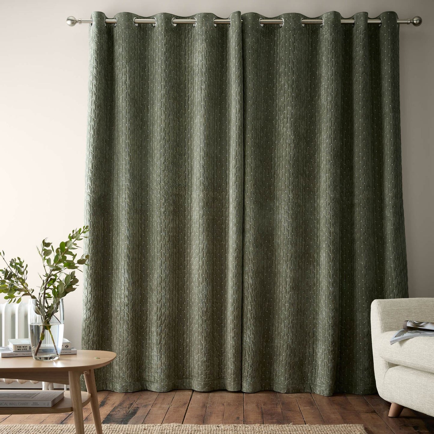 Bianca Fine Linens Attica Velvet Blackout Eyelet Curtains Two Panels Green