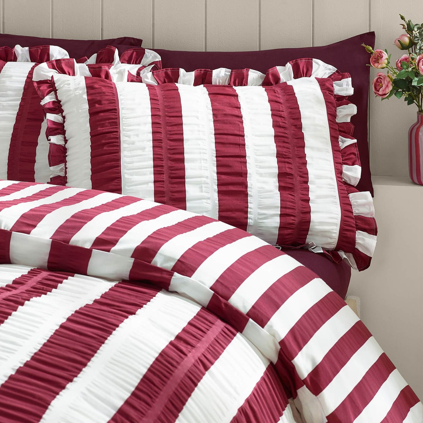 Catherine Lansfield Seersucker Frill Striped Bedding Duvet Cover Set Plum