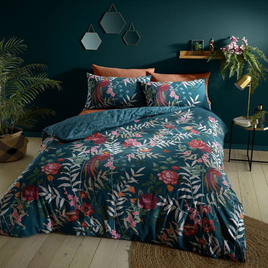 Tropical Floral Birds Green Duvet Set