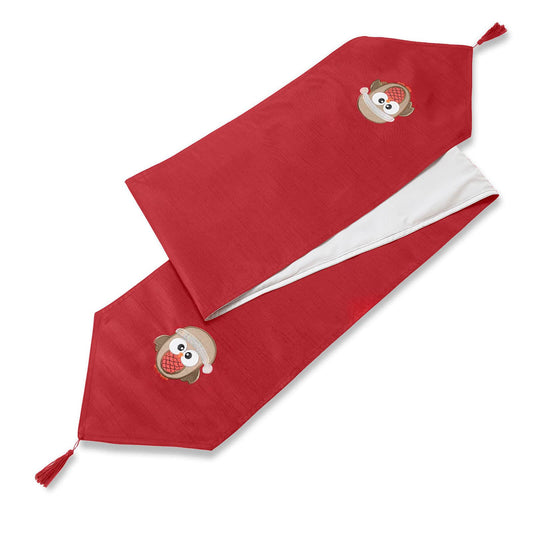 XMas Owl Faux Silk Red Table Runner