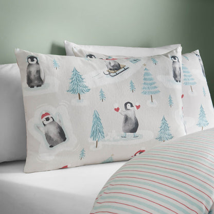 Catherine Lansfield Christmas Penguins Print Cotton Bedding Duvet Cover Set Green