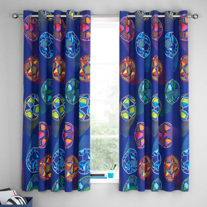 Bright Football Fully Reversible 66x72 Inch Eyelet Curtains Two Panel Navy Blue