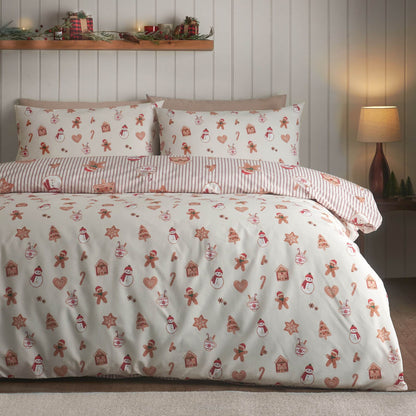 Catherine Lansfield Christmas Gingerbread Striped Reversible Bedding Duvet Cover Set Natural