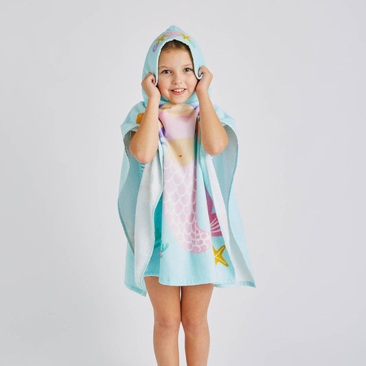 Kids Mermaid Hooded Cotton 60x120cm Towel Poncho Aqua Blue