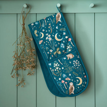 Catherine Lansfield Enchanted Twilight Animals Cotton Kitchen Double Oven Glove Green