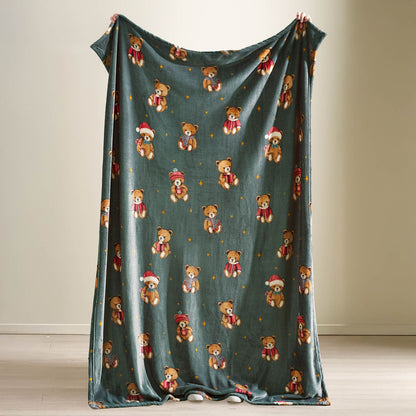 Catherine Lansfield Christmas Tartan Teddy Bear Fleece Cosy Blanket Throw Green - 130x170cm