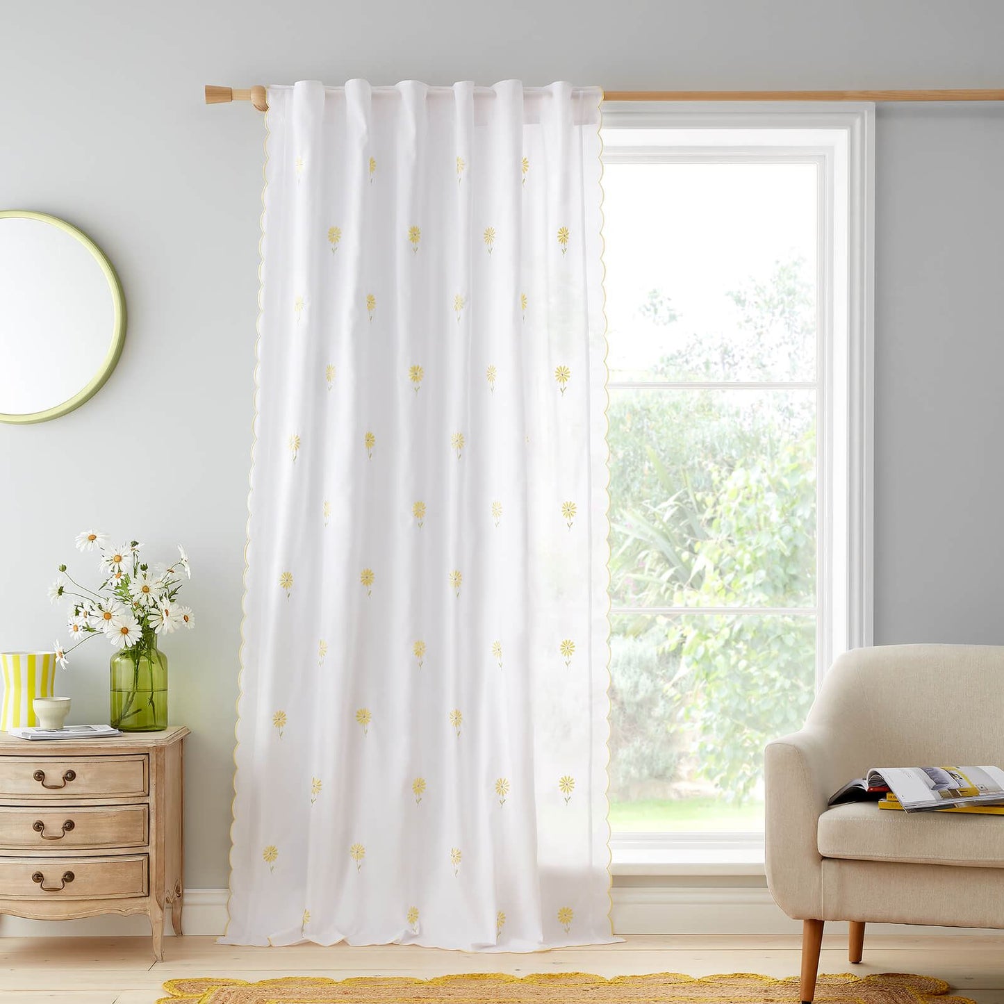 Lorna Embroidered Daisy Tab Top Voile Curtain Panel White