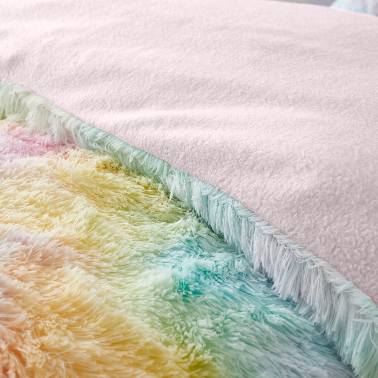 Cuddly Rainbow Deep Pile Faux Fur Blanket Throw Pastel