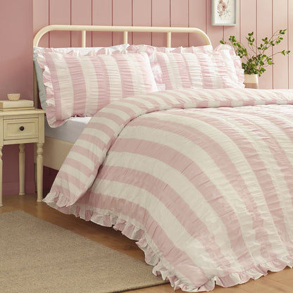 Catherine Lansfield Seersucker Frill Stripe Pink Duvet Cover Set