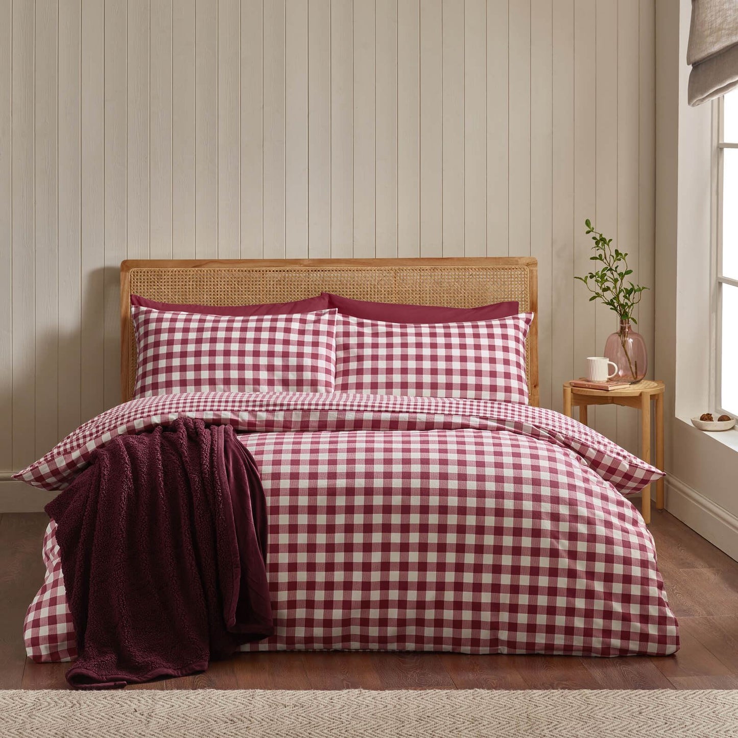 Catherine Lansfield Gingham Checked Cotton Bedding Duvet Cover Set Burgundy
