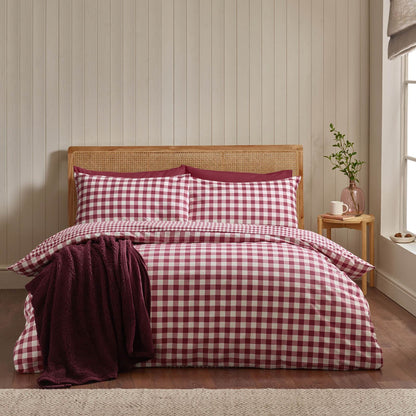 Catherine Lansfield Gingham Checked Cotton Bedding Duvet Cover Set Burgundy