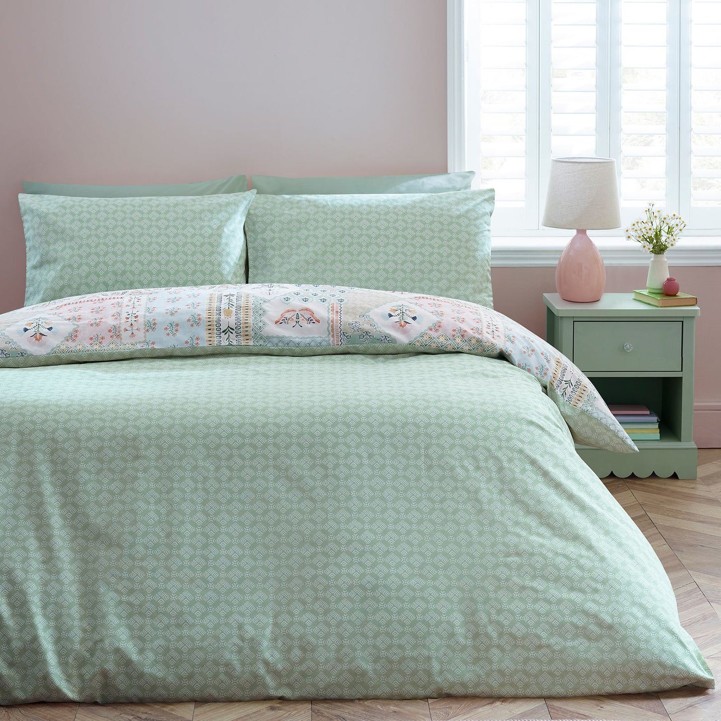 Catherine Lansfield Folk Patchwork Green Duvet Cover Set