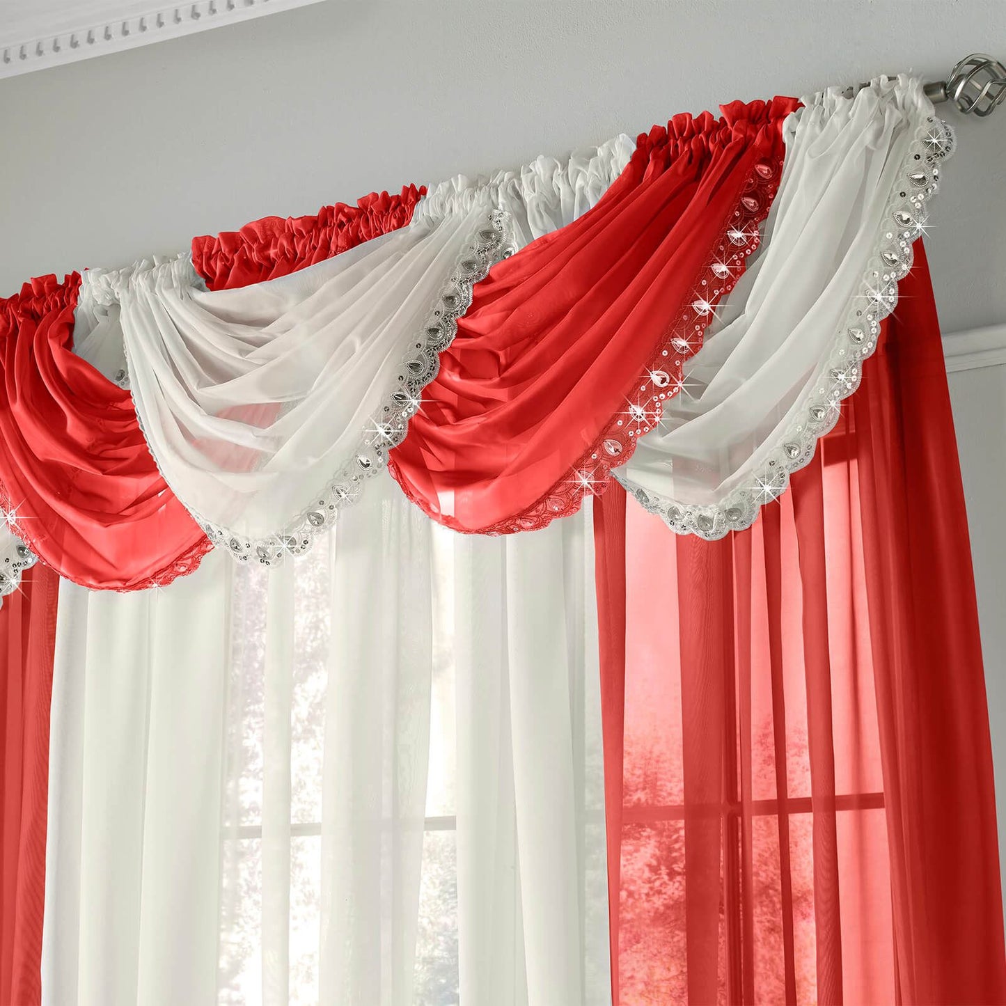 Jewelled Trim Cream Curtain Swag