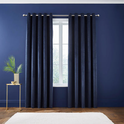 Kingsley Matt Velvet 66x90 Inch Lined Eyelet Curtains Two Panels Navy Blue