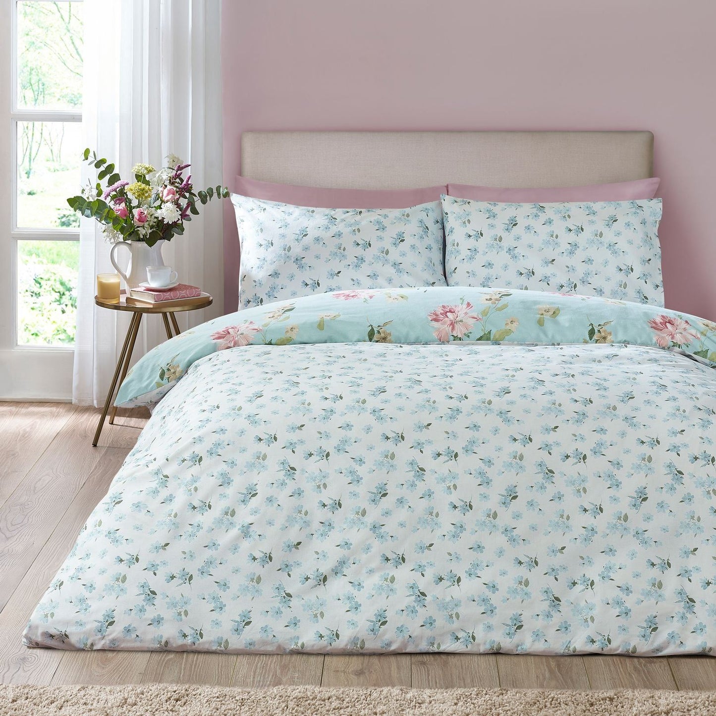 Catherine Lansfield Avebury Floral Duck Egg Blue Duvet Cover Set