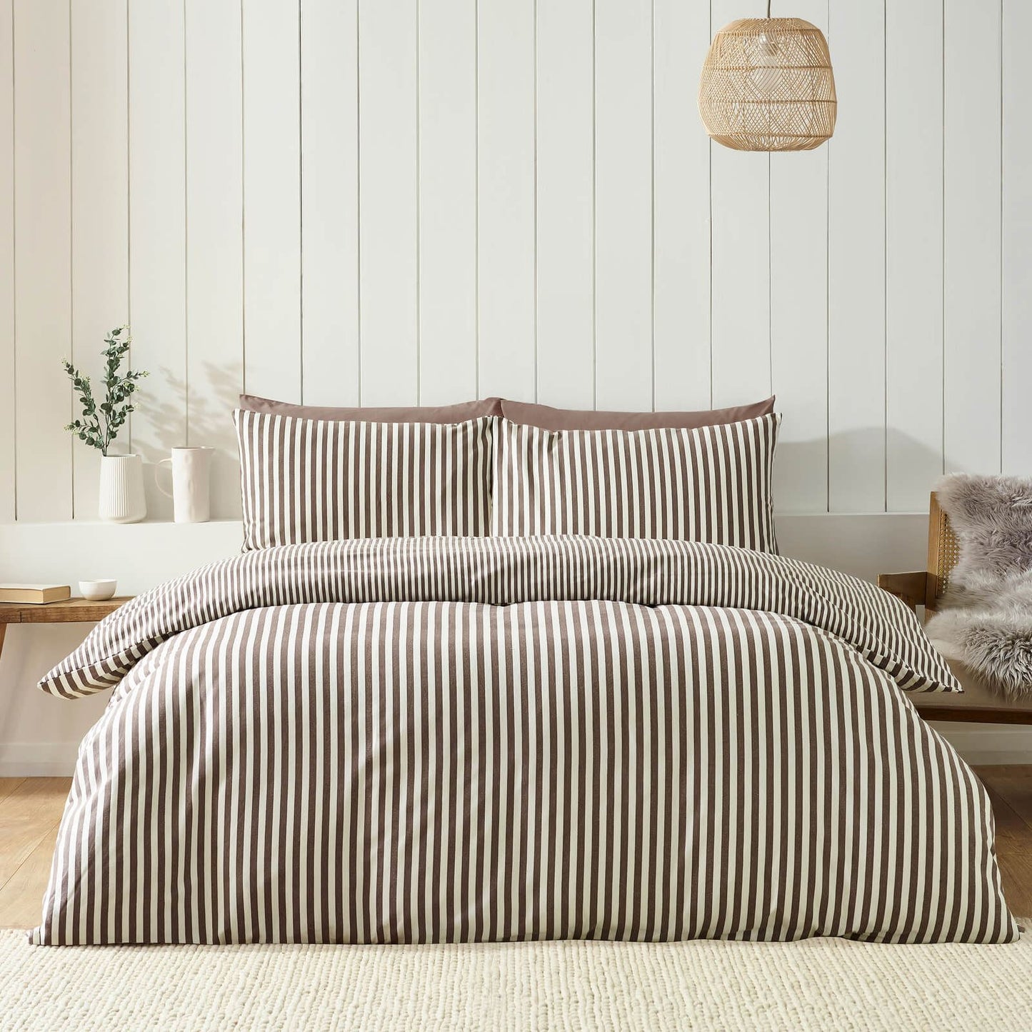 Catherine Lansfield Striped Reversible Cotton Bedding Duvet Cover Set Chocolate