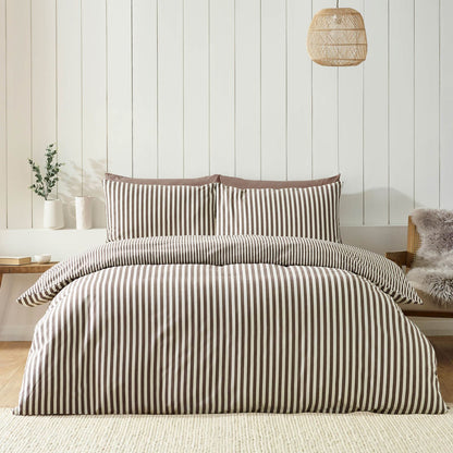 Catherine Lansfield Striped Reversible Cotton Bedding Duvet Cover Set Chocolate