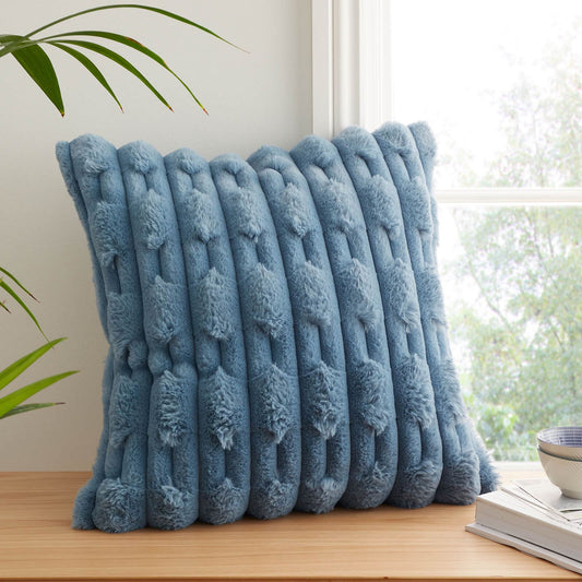 So Soft Carved Faux Fur Cushion Blue