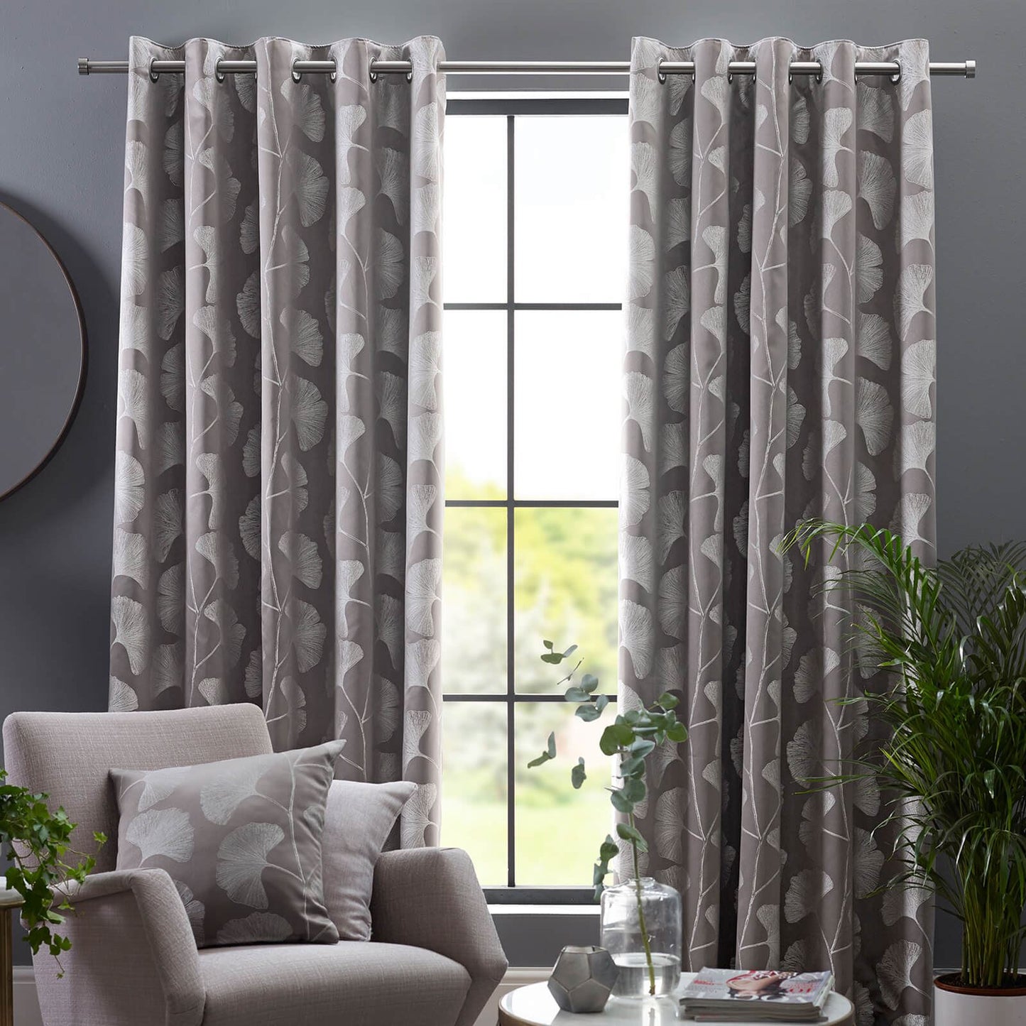 Gingko Tulip Steeple Grey Eyelet Curtains