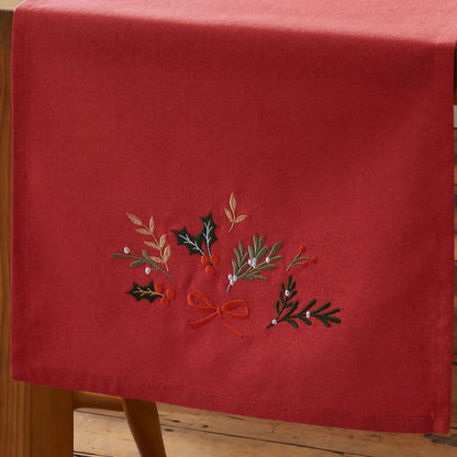 Catherine Lansfield Christmas Holly Stripe Cotton Dining Table Runner Cream / Red - 32x220cm