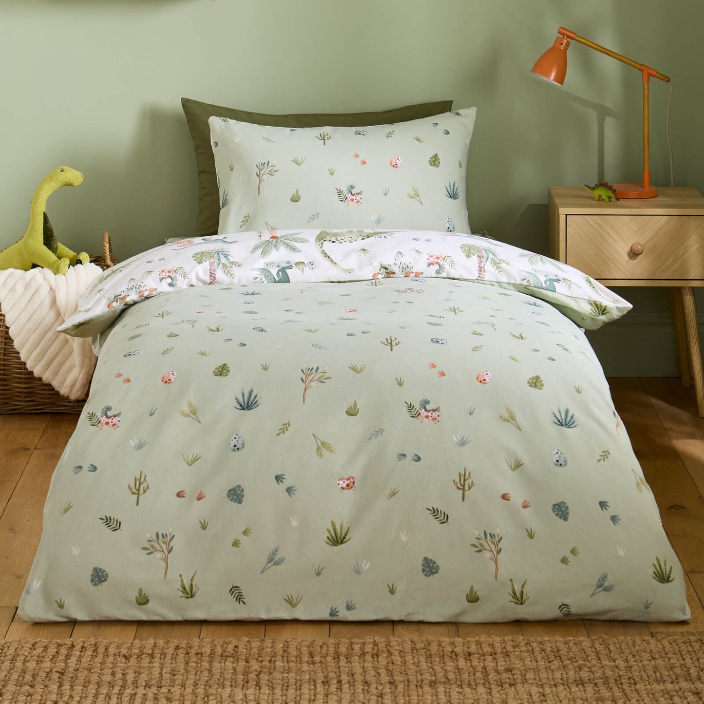 Catherine Lansfield Sleepy Saurus Dino Printed Reversible Cotton Bedding Duvet Cover Set Cream