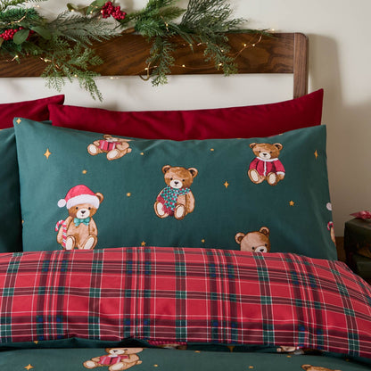 Catherine Lansfield Christmas Tartan Teddy Bear Reversible Bedding Duvet Cover Set Green