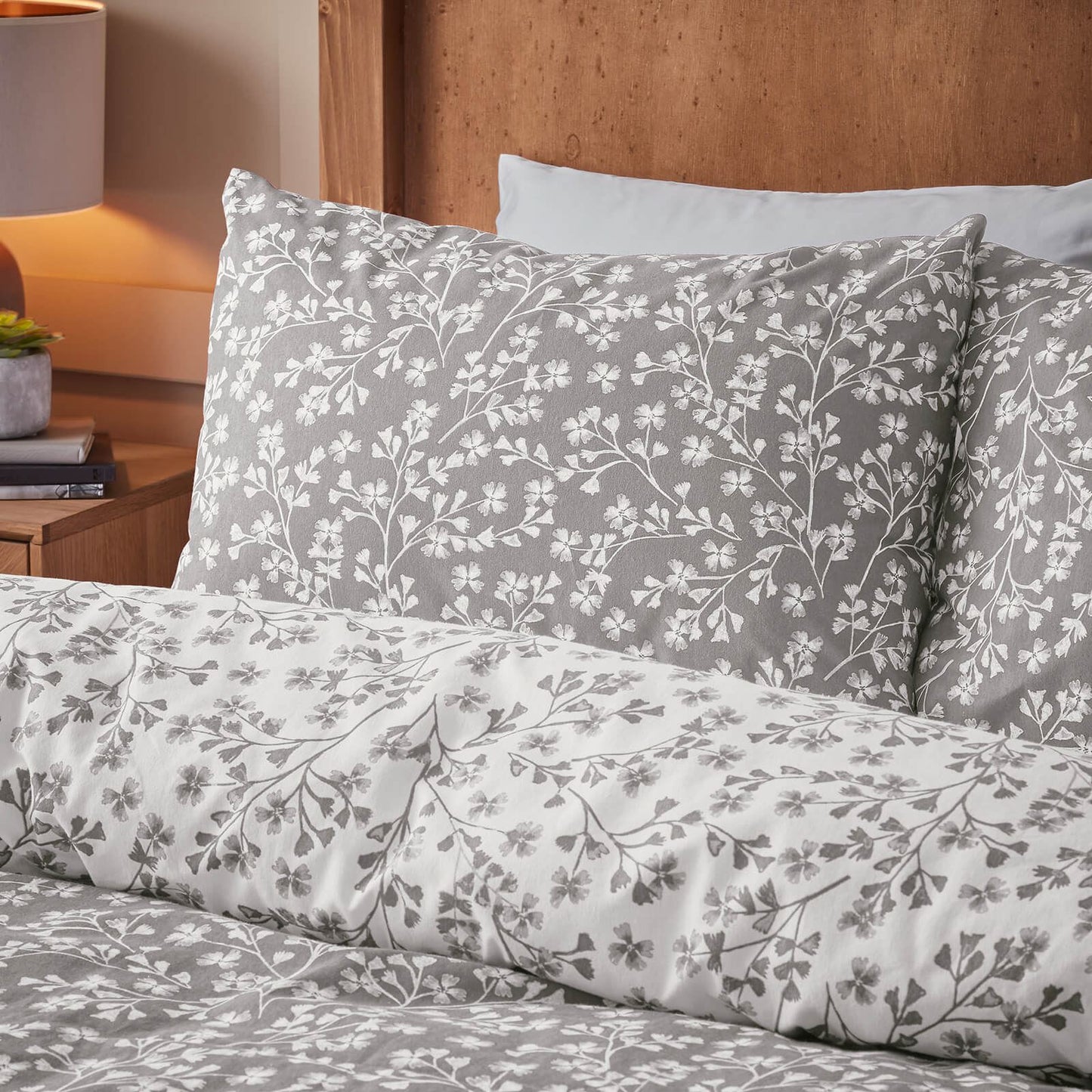 Brushed Grace Floral Leaf Grey Duvet Cover Set