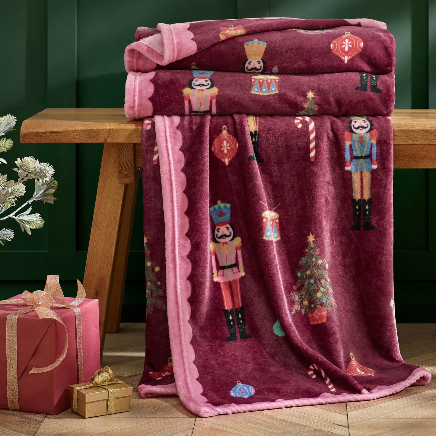Catherine Lansfield Christmas Nutcracker Fleece Cosy Blanket Throw Plum - 130x170cm