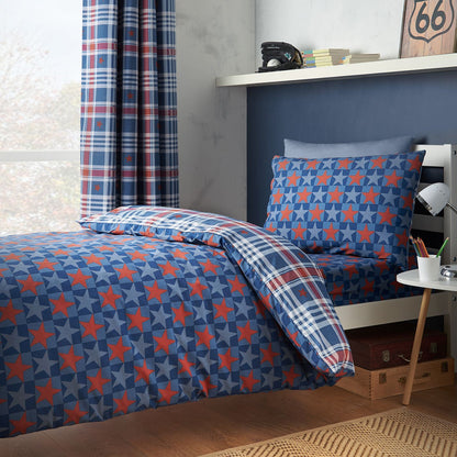 Catherine Lansfield Stars and Check Blue Duvet Cover Set