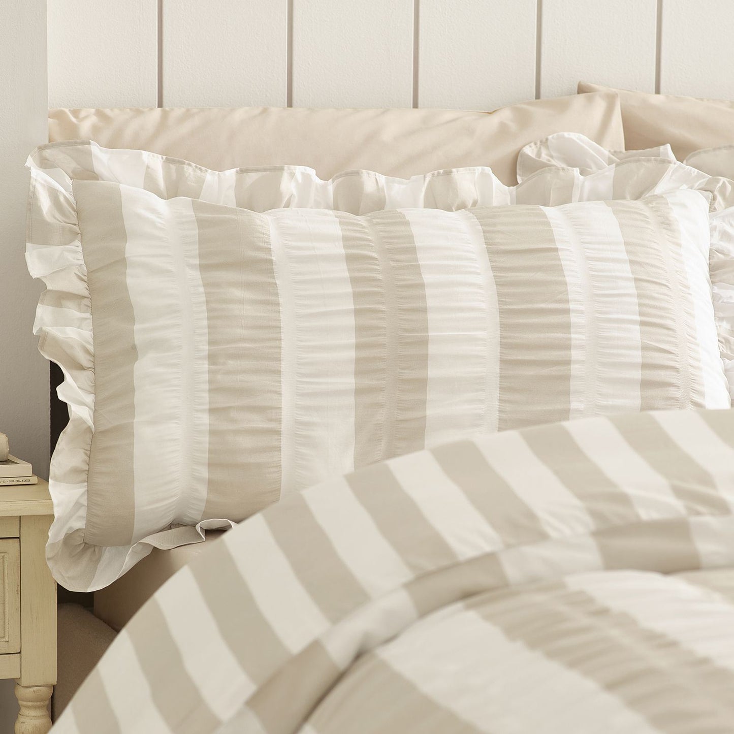 Catherine Lansfield Seersucker Frill Stripe Natural Duvet Cover Set