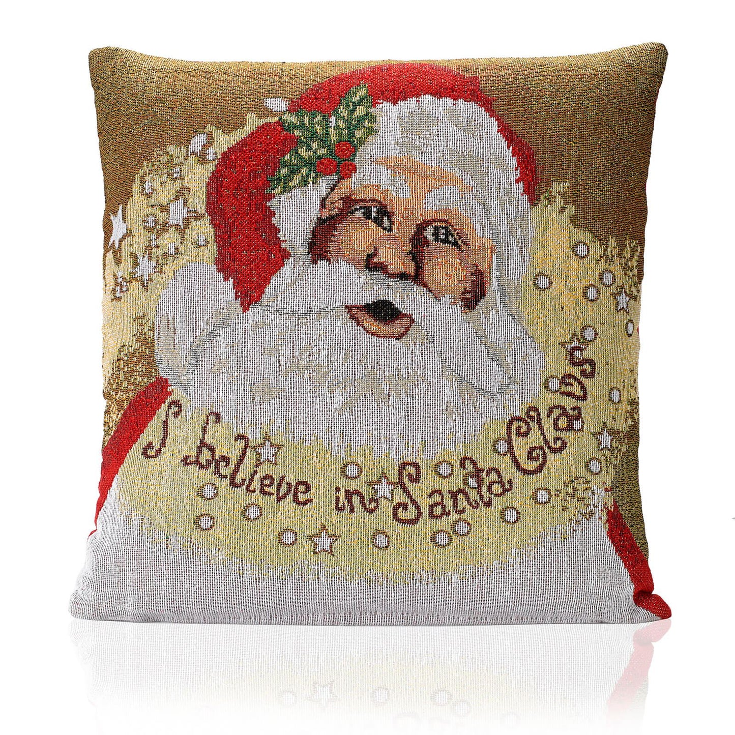 I Believe In Santa Claus Printed Beige Cushion Cover