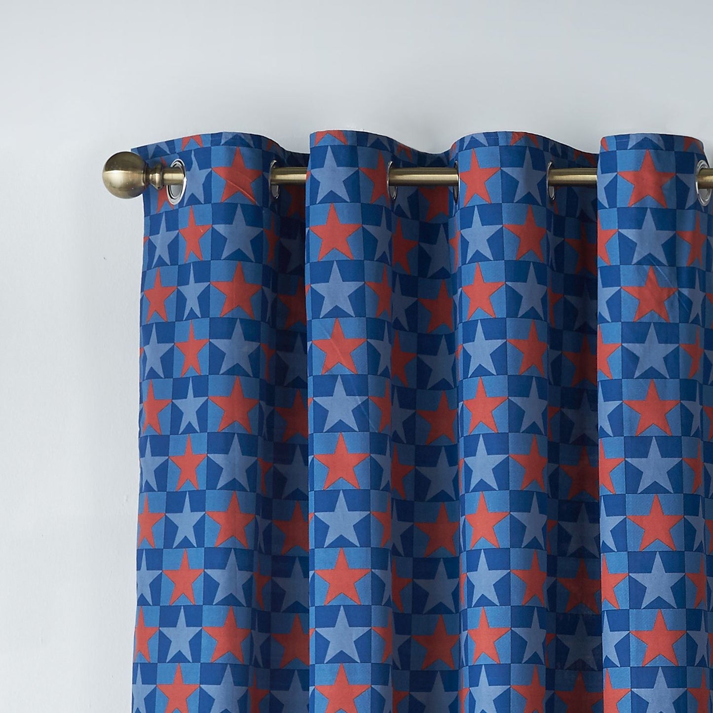 Catherine Lansfield Stars and Check Blue Curtains Two Panels - 66x72 Inch