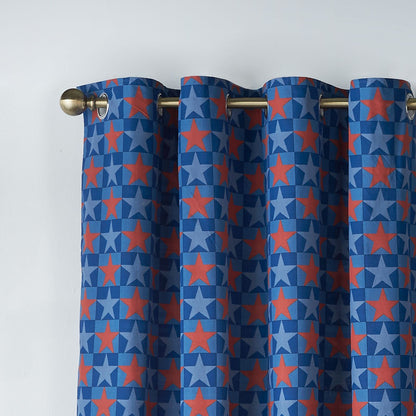 Catherine Lansfield Stars and Check Blue Curtains Two Panels - 66x72 Inch