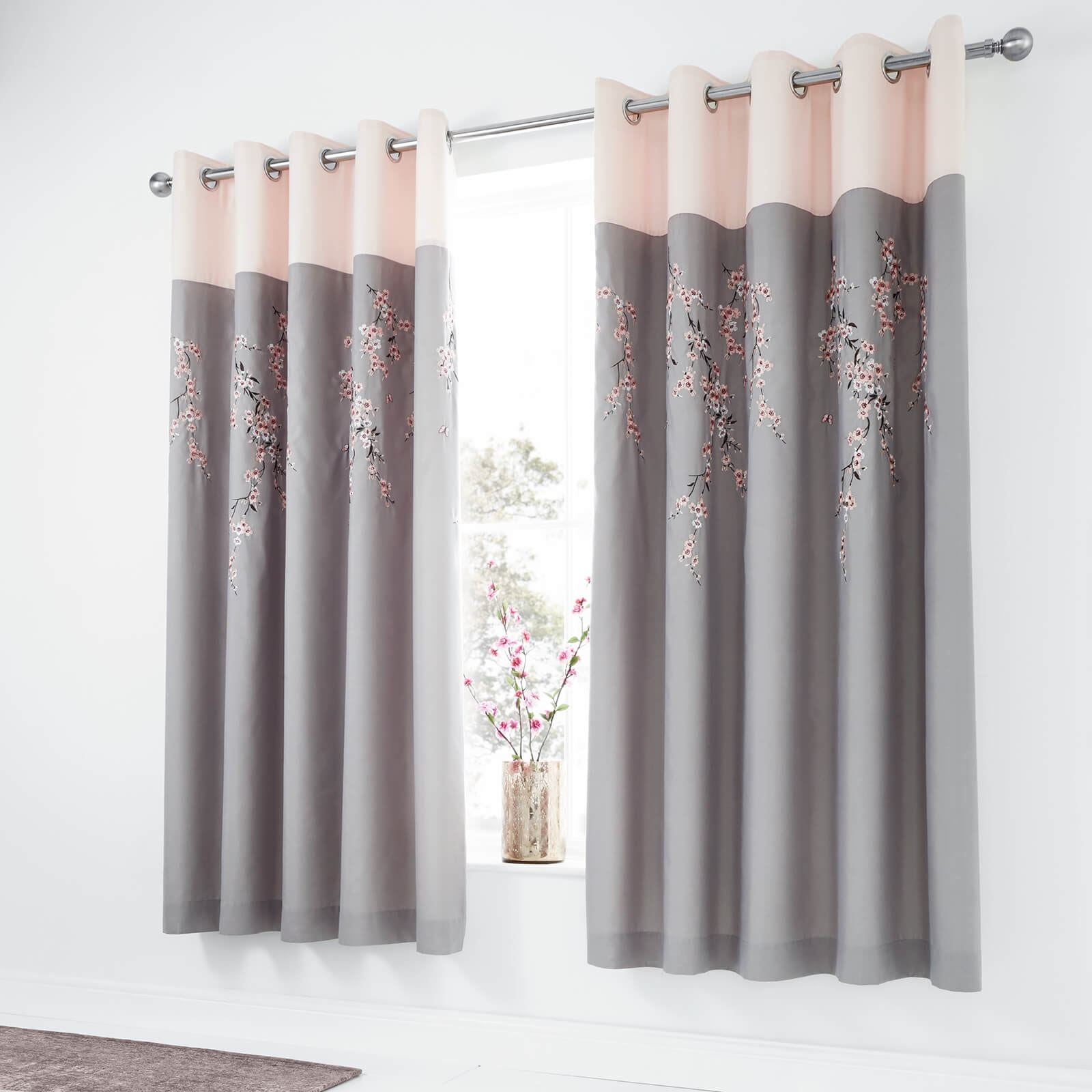 Embroidered Blossom Grey Eyelet Curtains