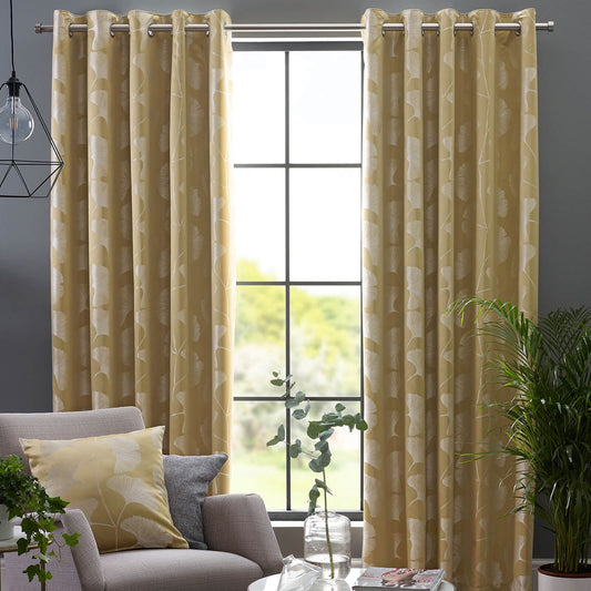 Gingko Tulip Ochre Eyelet Curtains