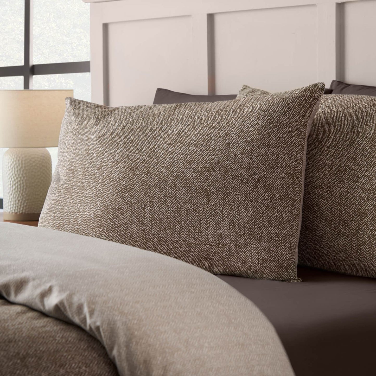 Catherine Lansfield Brushed Herringbone Printed Cotton Bedding Duvet Cover Set Chocolate