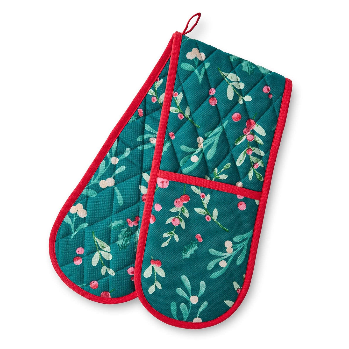 Christmas Holly And Mistle Toe Green Oven Glove - Double