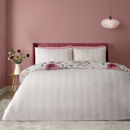 Catherine Lansfield Floral Striped Reversible Bedding Duvet Cover Set Cream