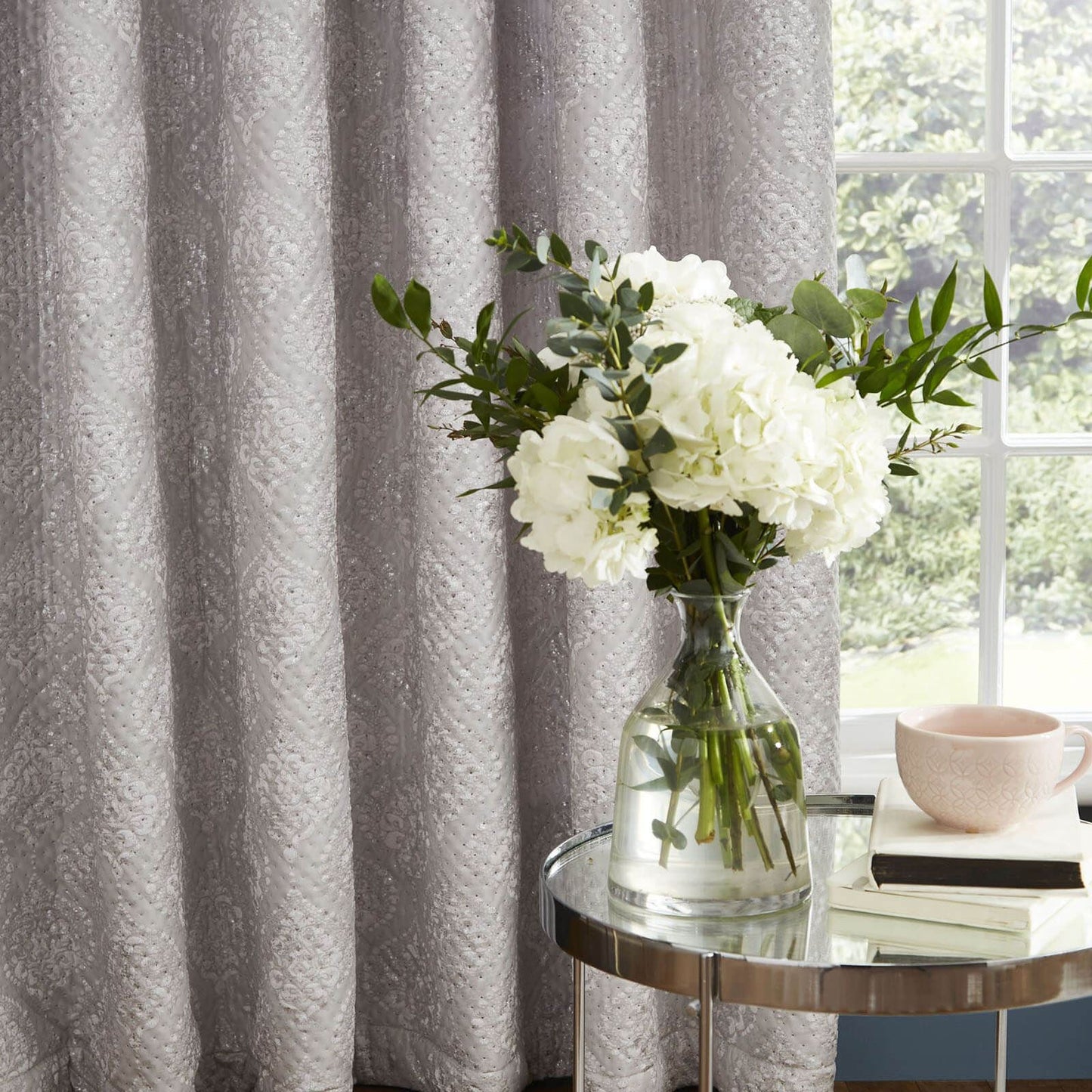 Damask Metallic Pinsonic Grey Eyelet Curtains