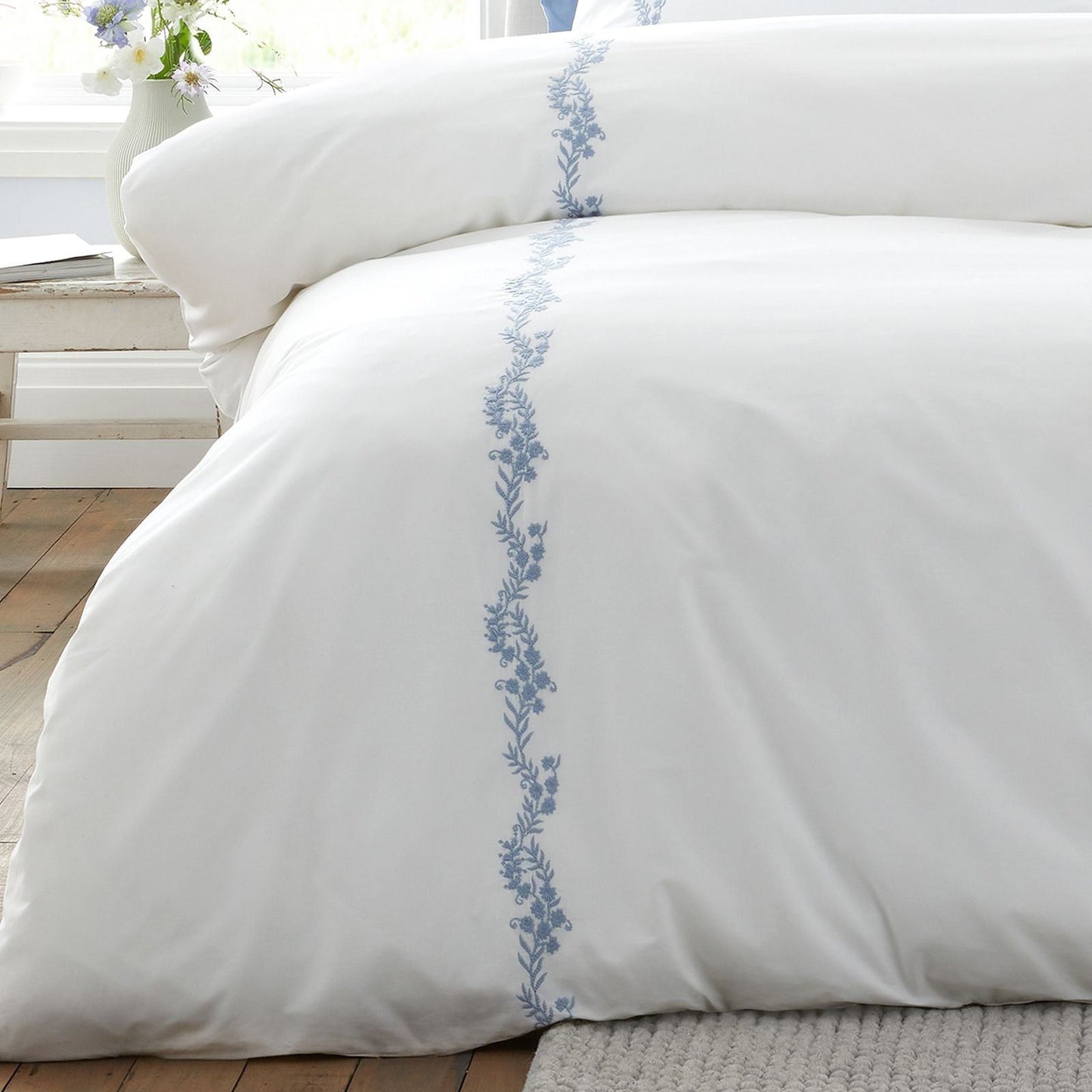 Bianca Camille Embroidered Floral White / Blue Duvet Cover Set