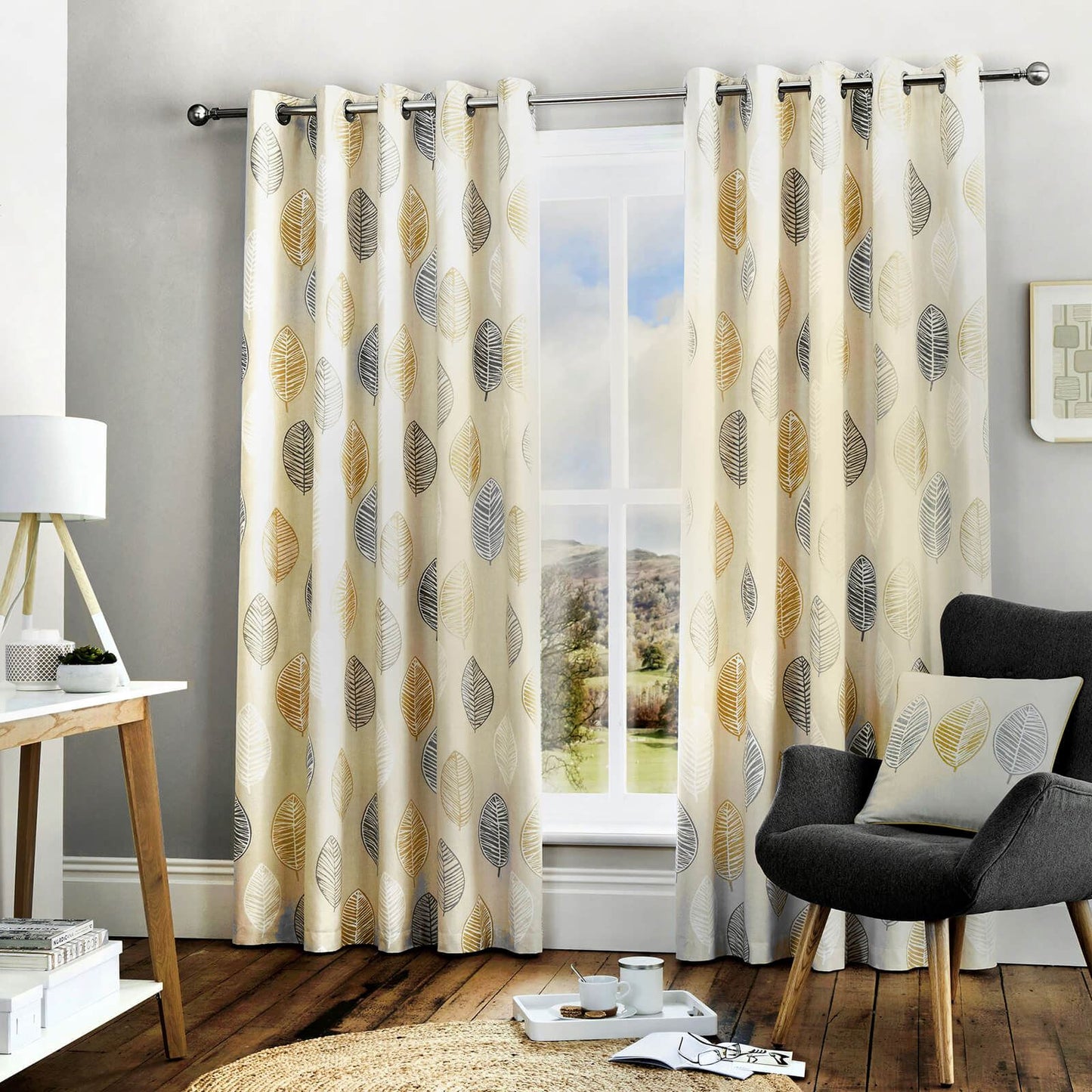 Skandi Leaf Ochre Eyelet Curtains