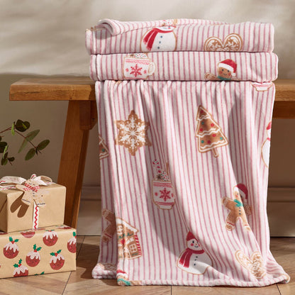 Catherine Lansfield Christmas Gingerbread Stripe Cosy Fleece Blanket Throw Natural - 130x170cm