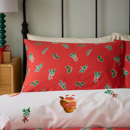 Catherine Lansfield Christmas Robins Printed Reversible Bedding Duvet Cover Set Red