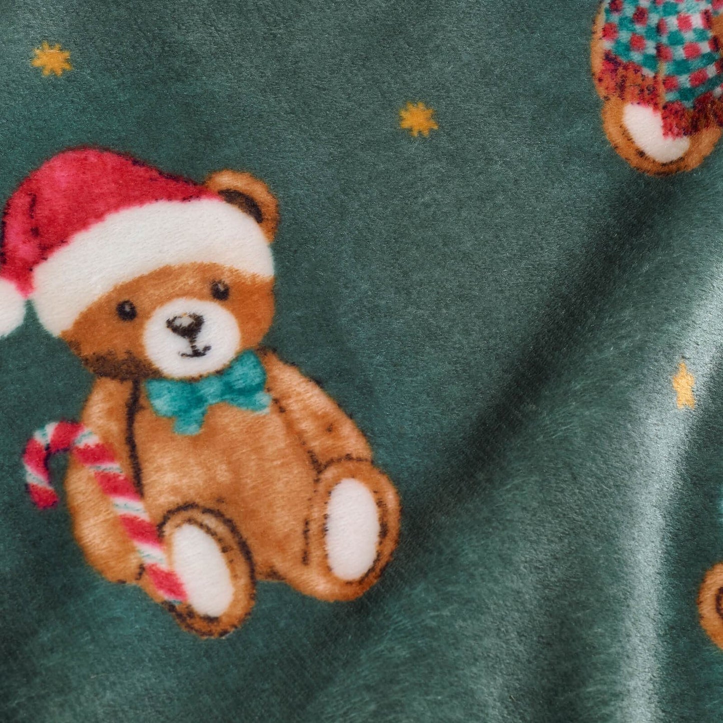 Catherine Lansfield Christmas Tartan Teddy Bear Fleece Cosy Blanket Throw Green - 130x170cm